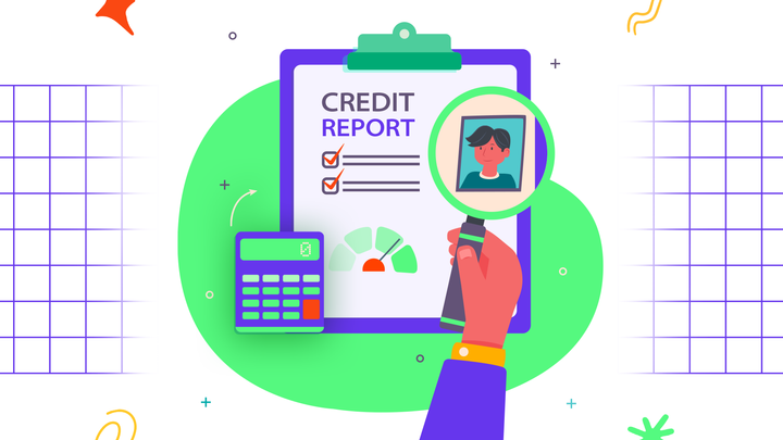 Hand using micro lens to scan through credit report for errors. 