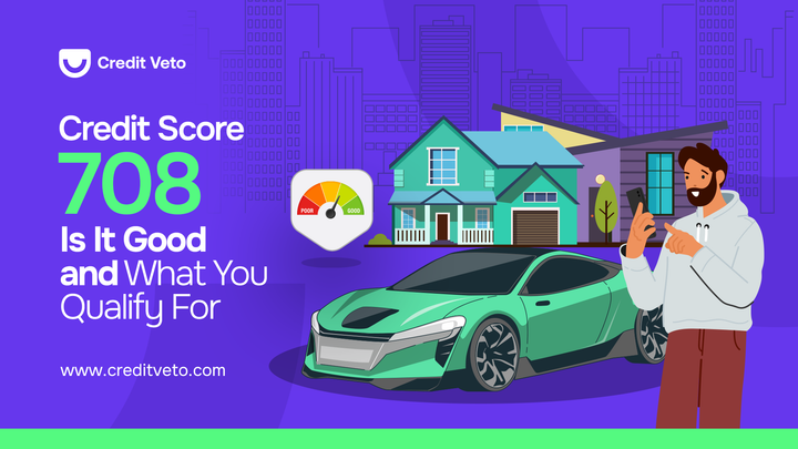 Digital Illustration of a man using his phone to check his credit score and wondering if he could qualify for a car loan or mortgage