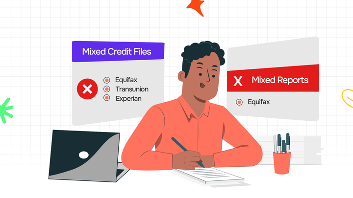 A man writing on a book and trying to understand and fix his mixed credit files